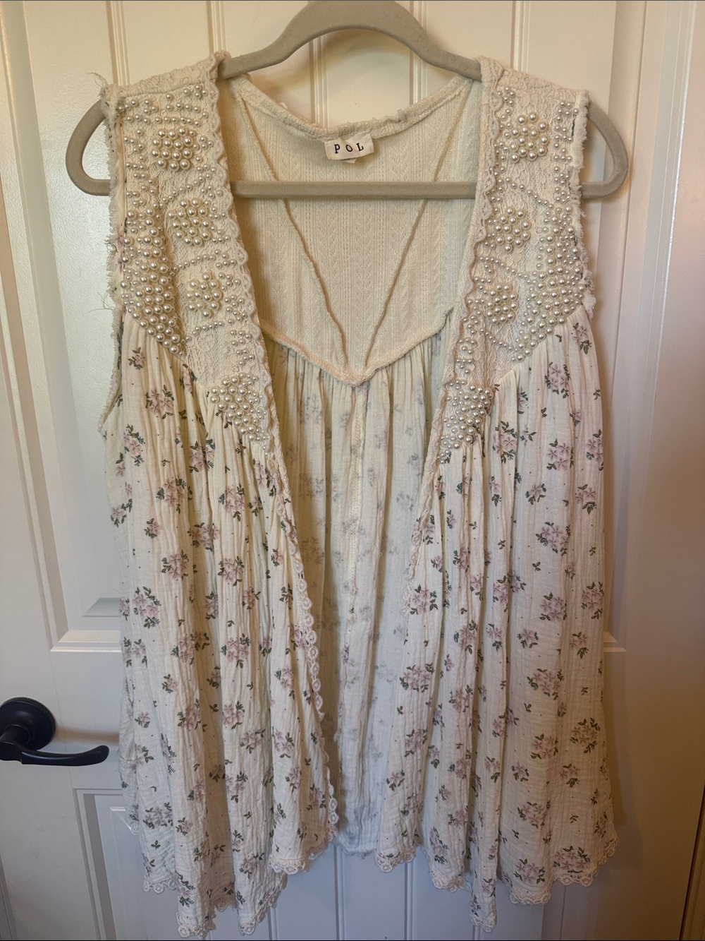 POL Cream Oversized Vest with Pink Floral Print and Pearl Detail